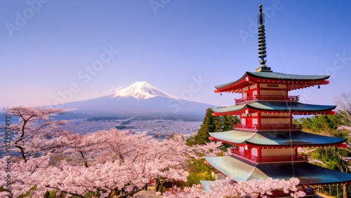 Iconic mount fuji and chureito pagoda amidst vibrant cherry blossoms