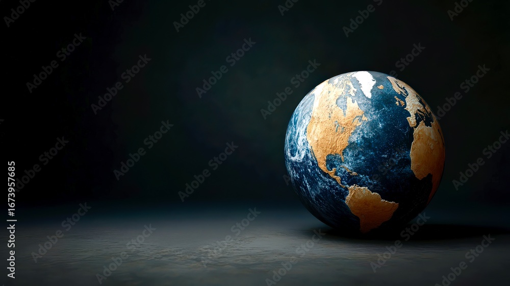 Fototapeta premium Earth globe resting on ground with natural texture under dramatic lighting background