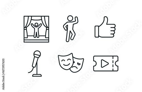 simple outline stroke icon isolated on white background: stage act character pose gesture mark prop stand drama face play icon