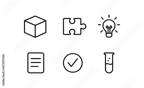 simple outline stroke icon isolated on white background: given example chart box puzzle piece idea spark page line sample mark