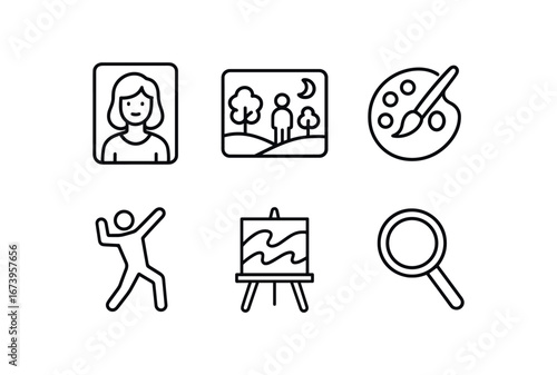simple outline stroke icon isolated on white background: vivid portrayal story scene painted strokes actor pose art panel detail mark
