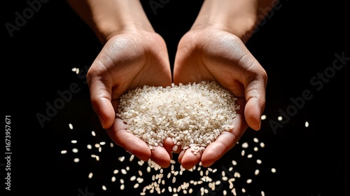 Hands holding rice grains symbolizing food agriculture hunger and survival