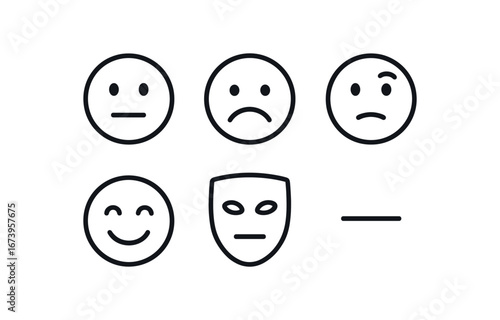 simple outline stroke icon isolated on white background: facial expression frown mark raised brow joy icon mask face mood line