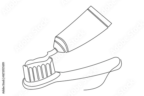 Stylish toothbrush and paste continuous one line drawing isolate simple elegant outline