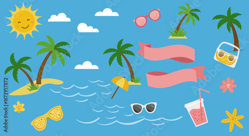 Cheerful summer beach elements illustration with sun, palm trees and accessories