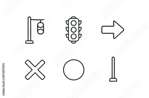 simple outline stroke icon isolated on white background: traffic signal stop light green arrow red mark circle street pole