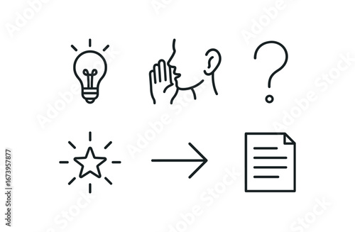 simple outline stroke icon isolated on white background: subtle hint whisper icon clue mark glow small arrow text sheet