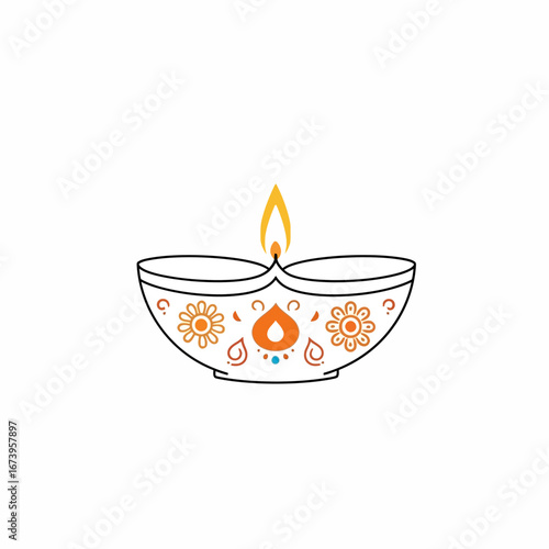 A simple line art illustration of a lit traditional Indian diya oil lamp with decorative floral patterns.
