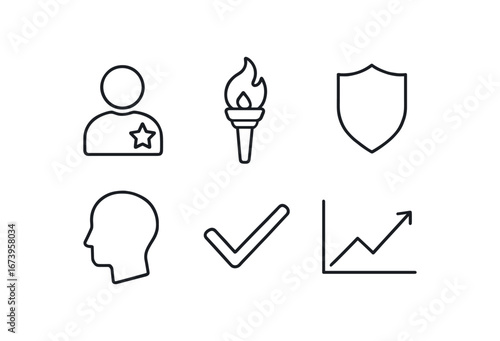 simple outline stroke icon isolated on white background: moral character torch flame shield crest profile head check mark value line