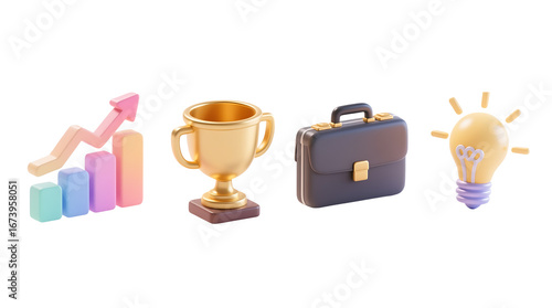 A collection of 3D icons representing business success, financial growth, career achievement, and creative ideas for future strategic planning, no background