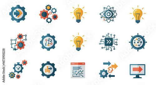 Collection of abstract flat icons representing innovation, technology and solutions