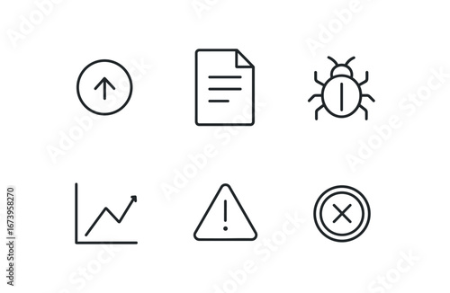 simple outline stroke icon isolated on white background: open issue document page bug icon chart line alert sign error stamp