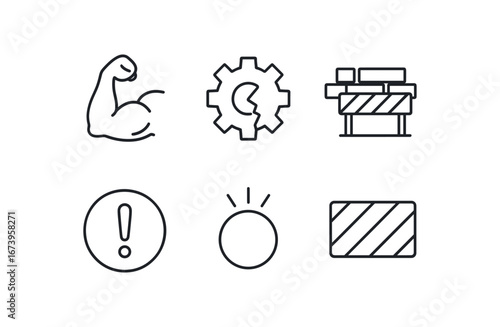 simple outline stroke icon isolated on white background: tough difficulty broken gear obstacle icon error mark stress lines hazard