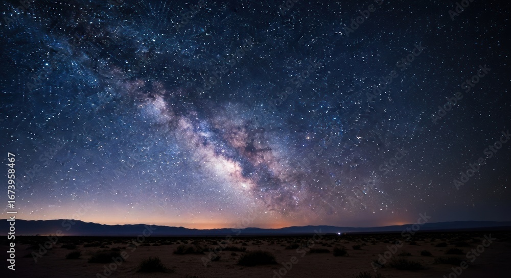 Fototapeta premium Milky Way stretches across dark desert sky, faint horizon glow below
