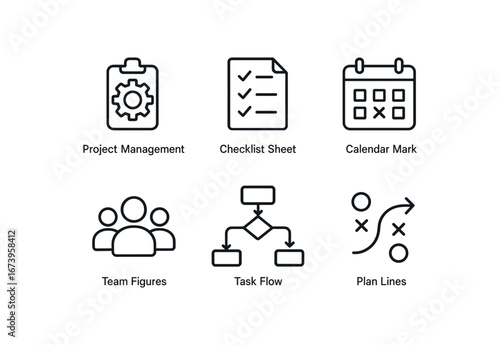 simple outline stroke icon isolated on white background: project management checklist sheet calendar mark team figures task flow plan lines