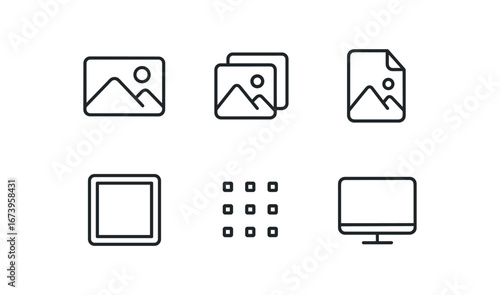 simple outline stroke icon isolated on white background: digital image gallery icon picture file frame pixel dots display screen