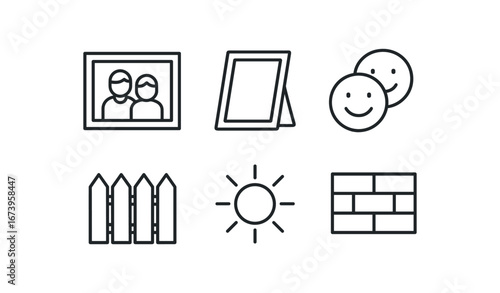 simple outline stroke icon isolated on white background: family picture photo frame smiling faces garden edge sunlight home