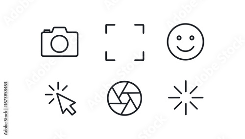 simple outline stroke icon isolated on white background: camera snapshot frame smile face click icon shutter mark bright