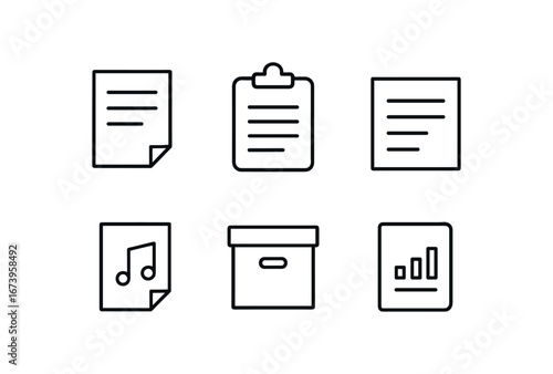 simple outline stroke icon isolated on white background: written documentation clipboard sheet typed lines note mark archive box report page