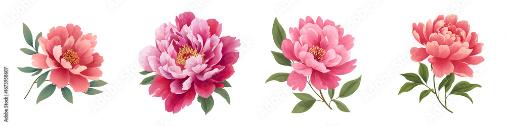 Obraz premium Pink Peony Flowers: Watercolor Illustration Set on White Background