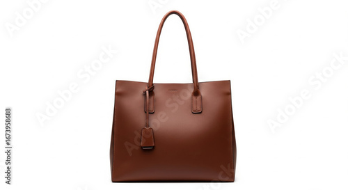 Elegant brown leather tote bag with long handles on a clean white background for fashion accessories