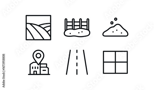 simple outline stroke icon isolated on white background: field area fenced ground soil patch building mark road line plot grid