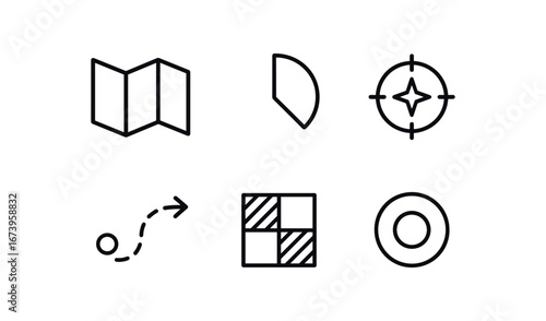 simple outline stroke icon isolated on white background: map sector shaded wedge compass line path arrow land patch chart ring