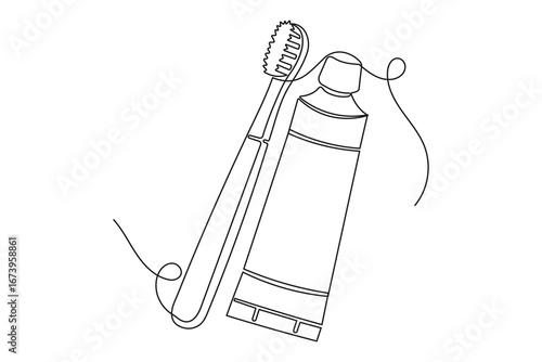 Toothbrush and paste isolate continuous one line drawing minimalist elegant outline sketch