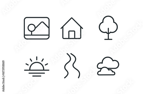 simple outline stroke icon isolated on white background: story setting house icon tree edge sun arc river mark sky band