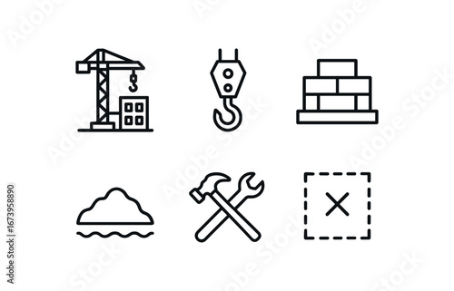 simple outline stroke icon isolated on white background: building site crane hook stacked bricks soil base tool icon marked ground