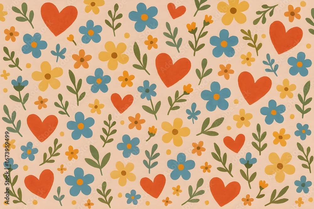 custom made wallpaper toronto digitalHeart and Flower Seamless Pattern – Colorful Cute Floral and Leaf Illustration for Wrapping and Textile