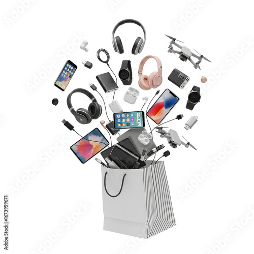A dynamic explosion of electronic gadgets and accessories emerging from a shopping bag, showcasing modern technology