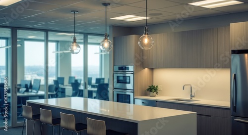 Modern office break room with island counter and city view