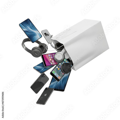 A dynamic explosion of modern technology with smartphones, headphones, and tablets emerging from a white box