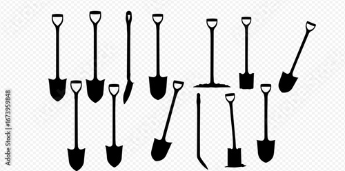 Collection of black and white shovel silhouettes in various positions and styles.