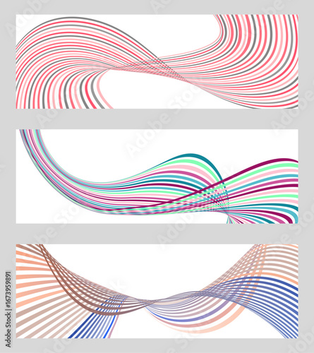 Wavy lines or ribbons. Set of 3 backgrounds. Multicolored striped gradient. Creative unusual background with abstract wavy lines. Fashionable banner, poster. eps vector