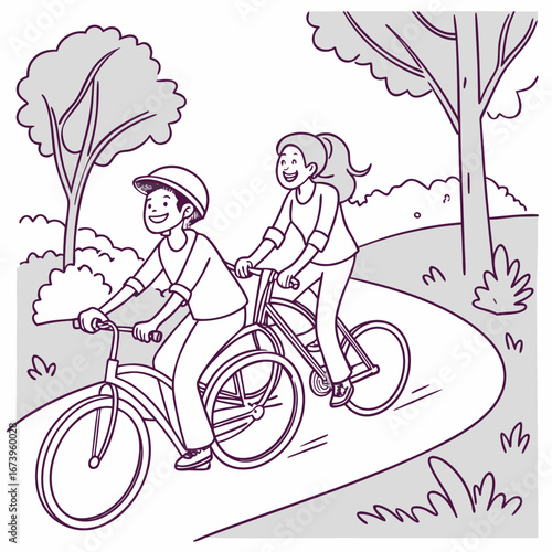 Vector art of couple riding bicycles on a path in a park on a sunny day cartoon