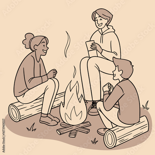 Vector art of group of friends sitting around campfire, telling stories and having fun