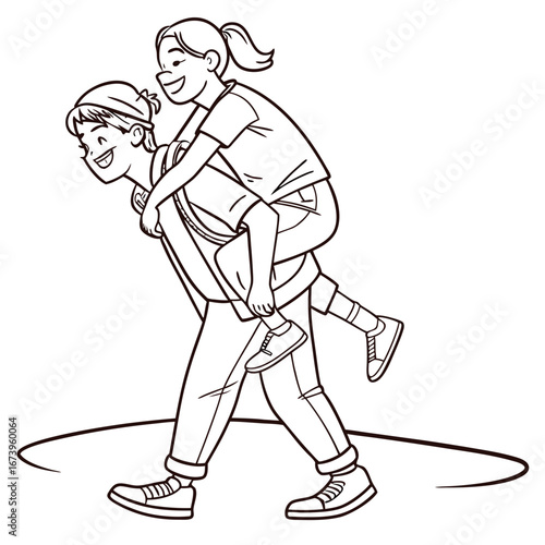 Vector art of happy man giving a piggyback ride to a woman