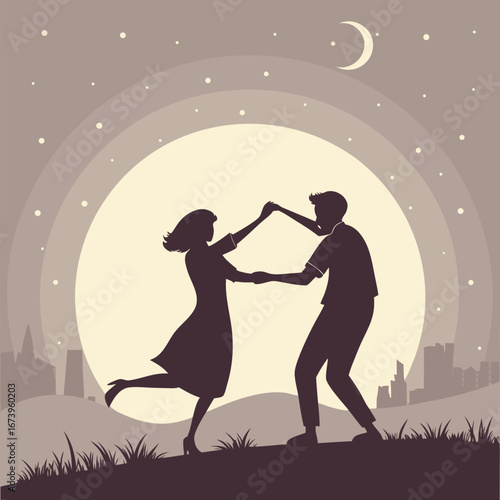 Vector art of silhouette of a couple dancing romantically under the moonlight in the city