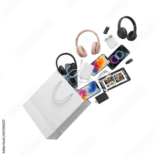 Collection of modern electronic gadgets and accessories spilling from a shopping bag against a white backdrop