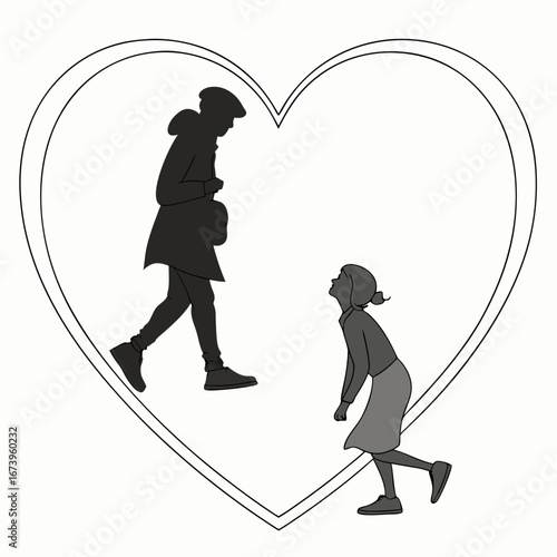 Vector art of silhouette of a couple in love inside a heart shape on