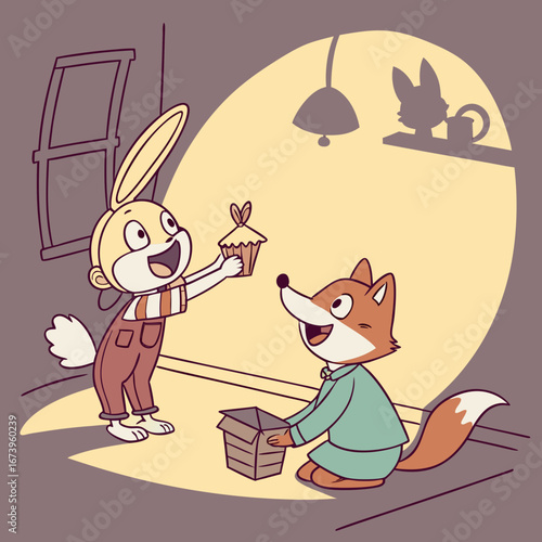 Vector art of rabbit giving a cupcake to fox as a gift in a cartoon illustration