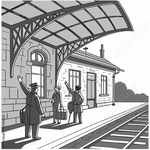 Vector art of people are waiting at a vintage railway station platform for the train