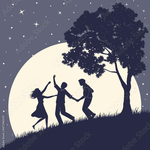 Vector art of silhouette of friends dancing under the moonlight with stars and a tree