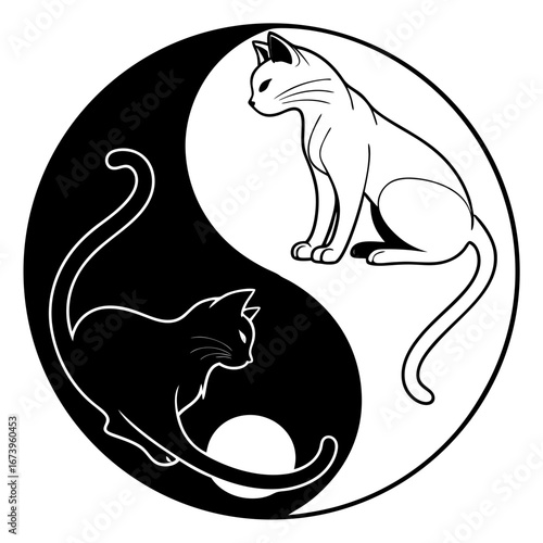 Vector art of two cats forming a yin yang symbol in black and white