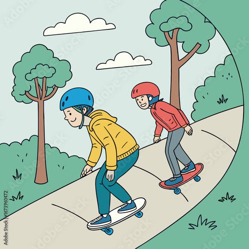 Vector art of two children skateboarding on a path in a park on a sunny day