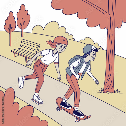 Vector art of two children skateboarding in a park with trees and a bench