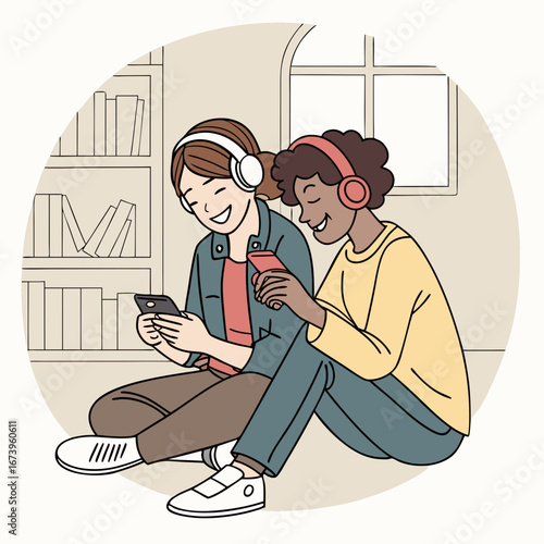 Vector art of two friends are sitting together listening to music on their smartphones