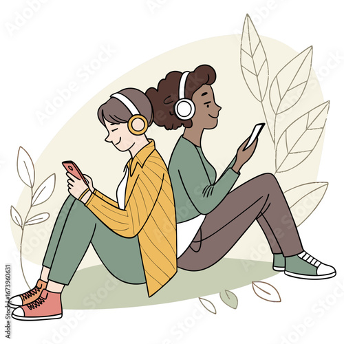 Vector art of two friends are sitting back to back listening to music on smartphones
